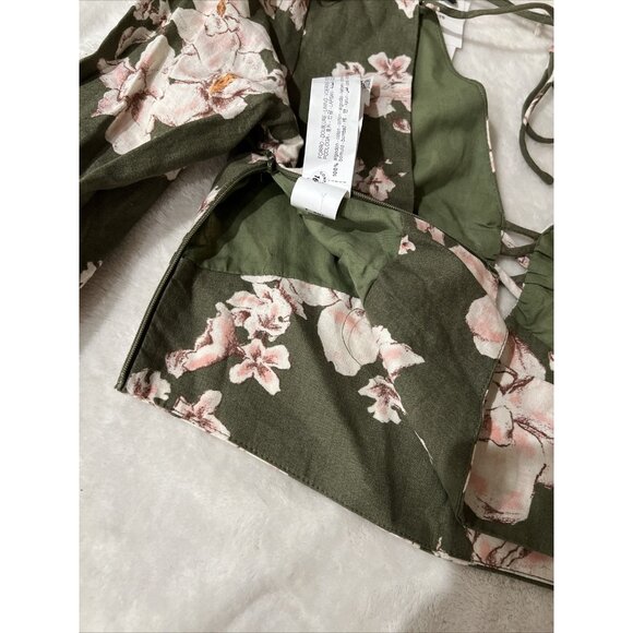 Zara Floral Lace-Up Crop Top XS Green & Pink Linen Blend - Picture 7 of 10